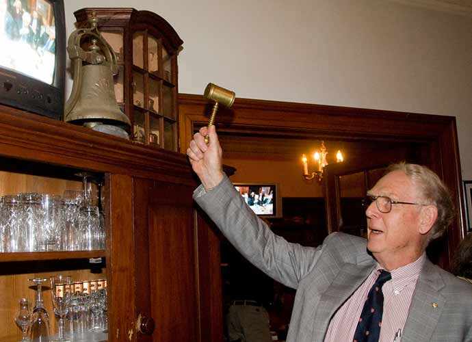 Last WN salon at 33 Rosemount – Gerald Razter ringing the USS Mayflower ship’s bell - WestmountMag.ca